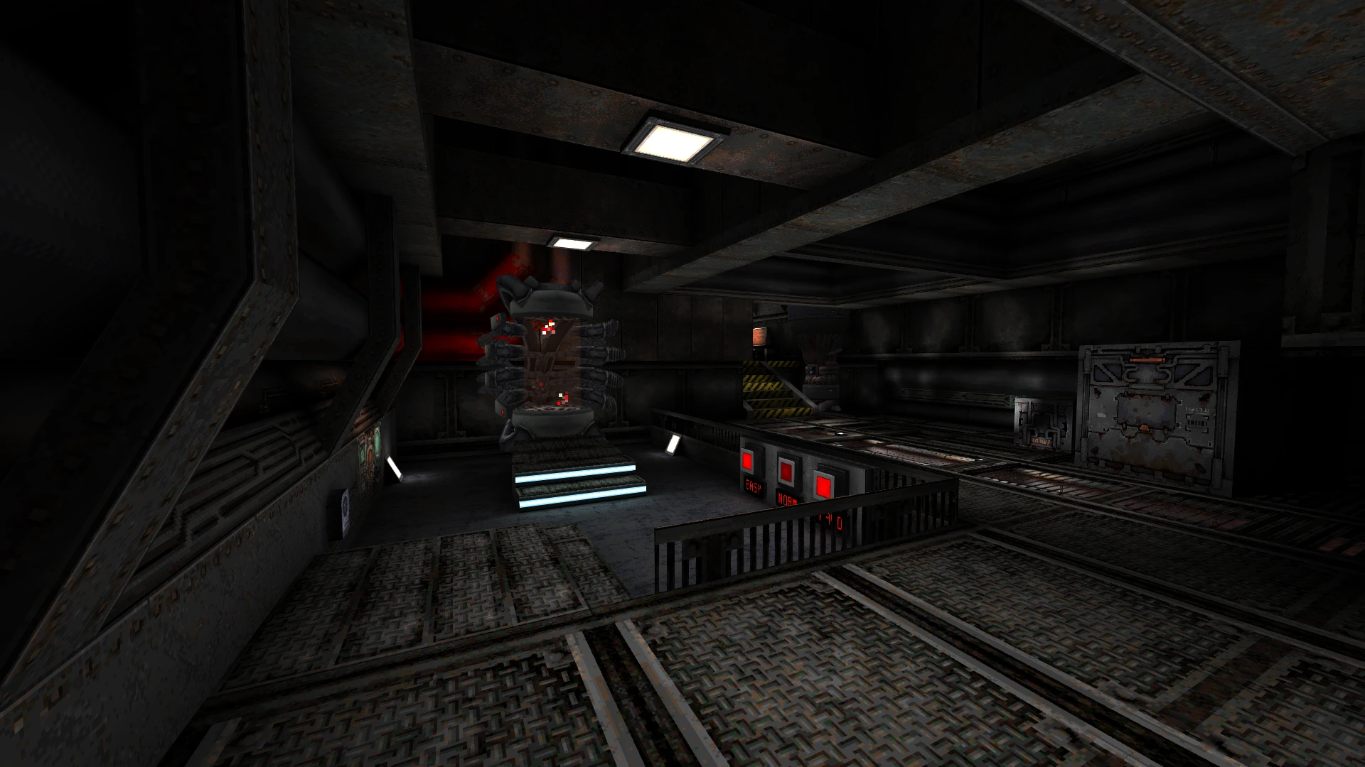 Raue metallische Innenräume mit industriellen Bedienfeldern und Sci-Fi-Maschinen im Quake-Mod Slave Zero X Episode Enyo