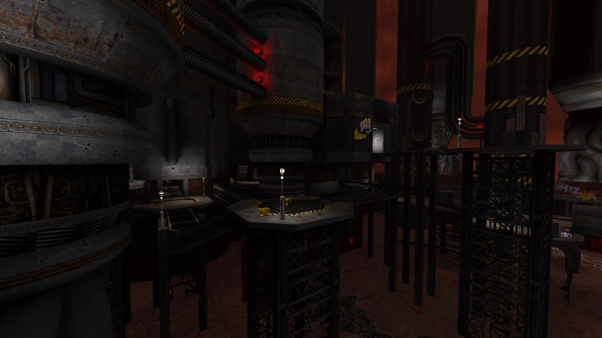 Dunkle industrielle Umgebung mit Plattformen und Rohren im Quake 1996 Slave Zero X Episode Enyo Mod