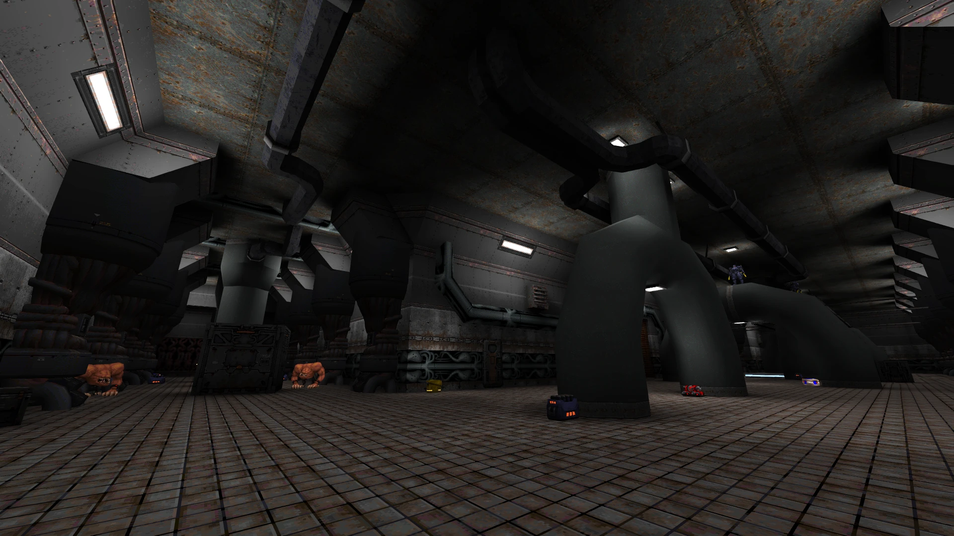 Screenshot eines dunklen Industrie-Raums mit Rohren und Monster-Gegnern im Quake Slave Zero X Episode Enyo Mod