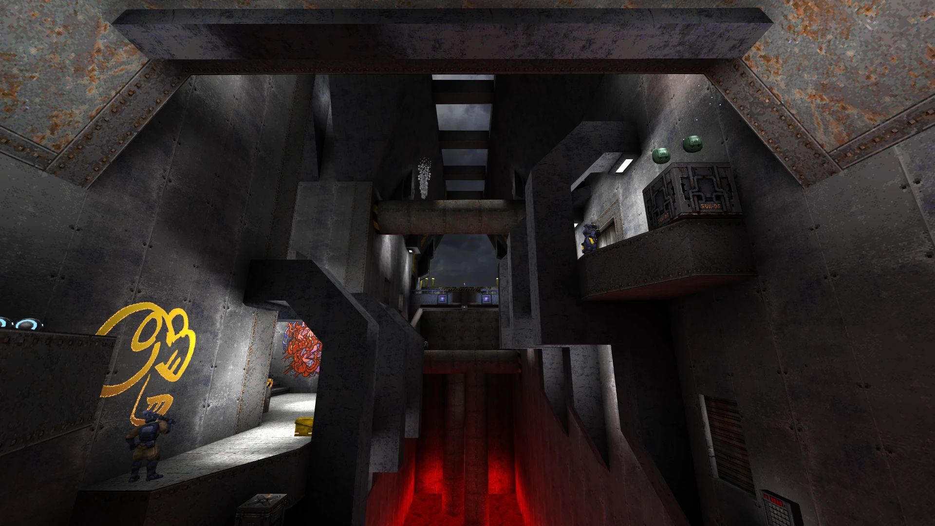 Dunkler Industrieflur mit rotem Lavaschlund und bewaffneten Wachen auf erhöhten Plattformen im Quake-Mod