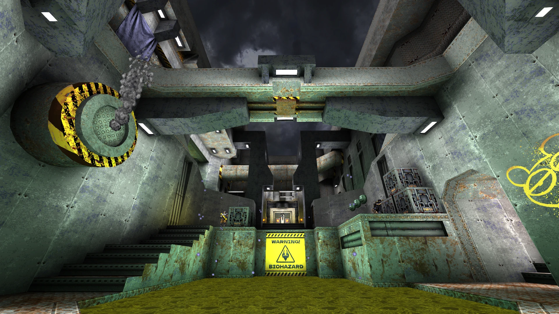 Industrieller Metallraum mit Warnschild Biohazard und bewölktem Himmel im Quake-Mod Slave Zero X: Episode Enyo