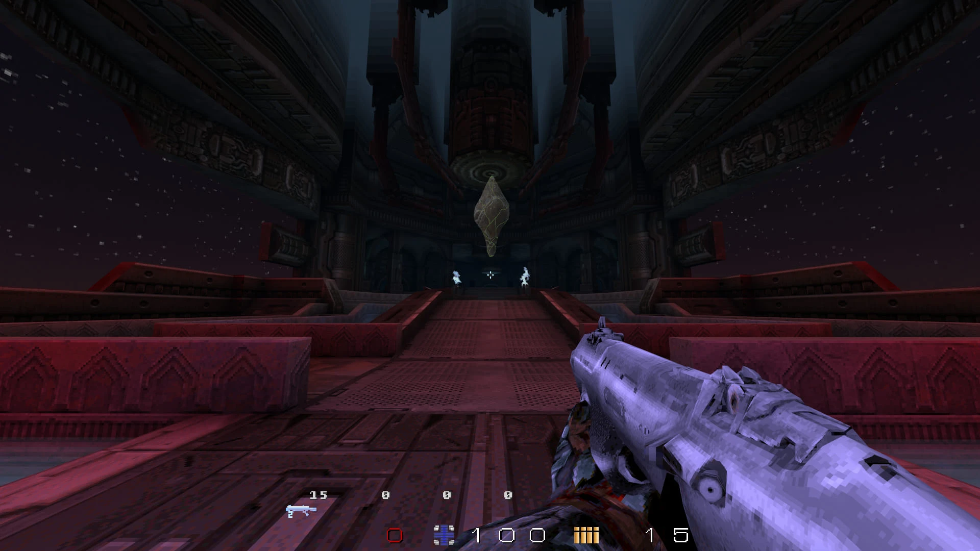 Zrzut ekranu z modu Slayer's Testaments do Quake pokazujący futurystyczną broń skierowaną na ciemną strukturę sci-fi pod gwiaździstym niebem