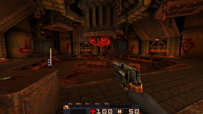 Captura de pantalla del juego mostrando un interior industrial oscuro con una pistola en mano y HUD de salud y munición visible en el mod Quake Sprawl 96