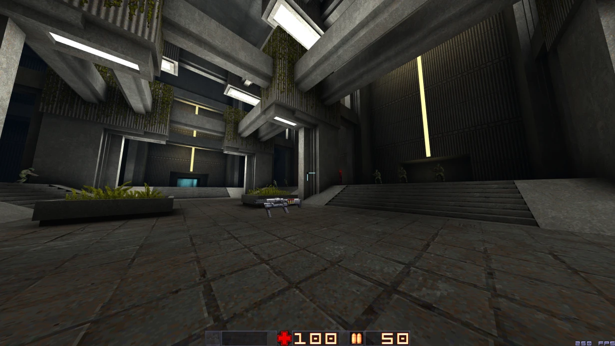 Vista dentro del juego de un gran salón industrial oscuro con estructuras metálicas y HUD de salud y munición en el mod Quake Sprawl 96