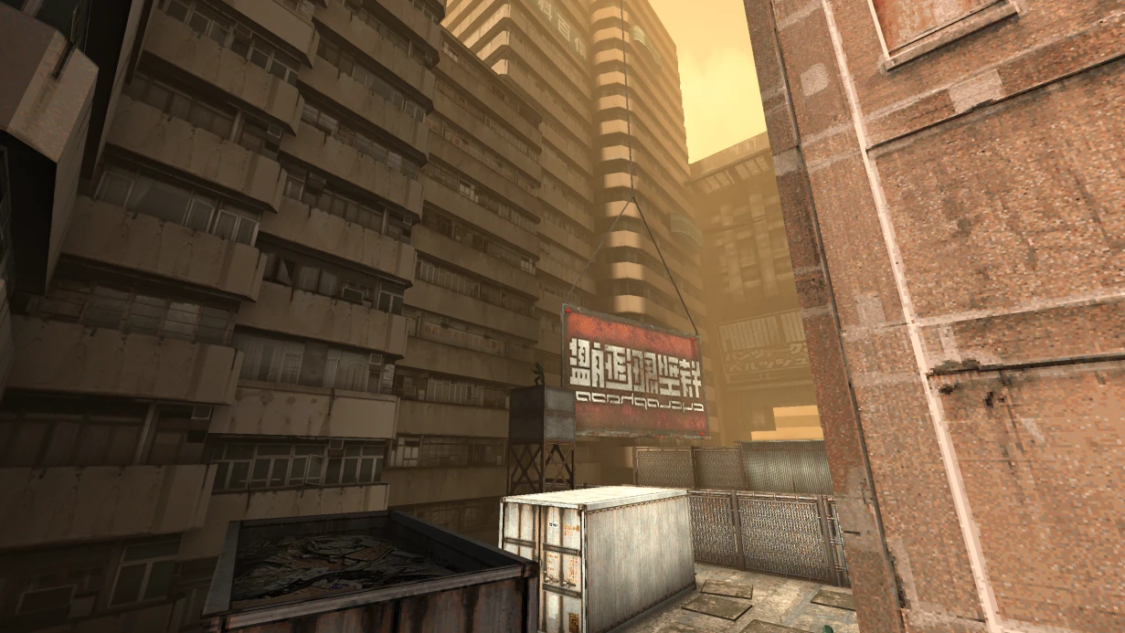 Vista de edificios altos y apretados con un cartel colgante en un entorno urbano polvoriento del mod Sprawl 96 de Quake