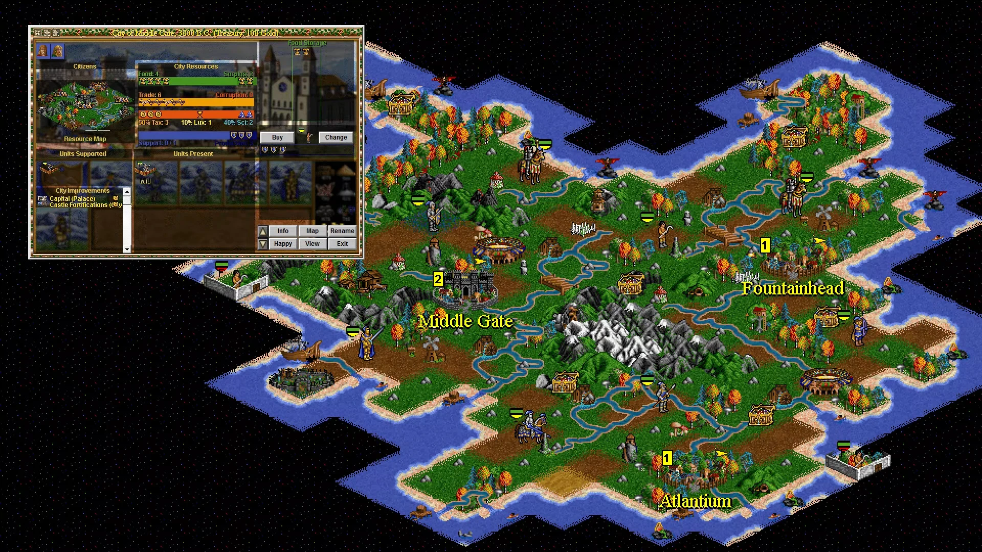 Карта Civilization II з містами Fountainhead, Middle Gate та Atlantium і панеллю міста з ресурсами та юнітами