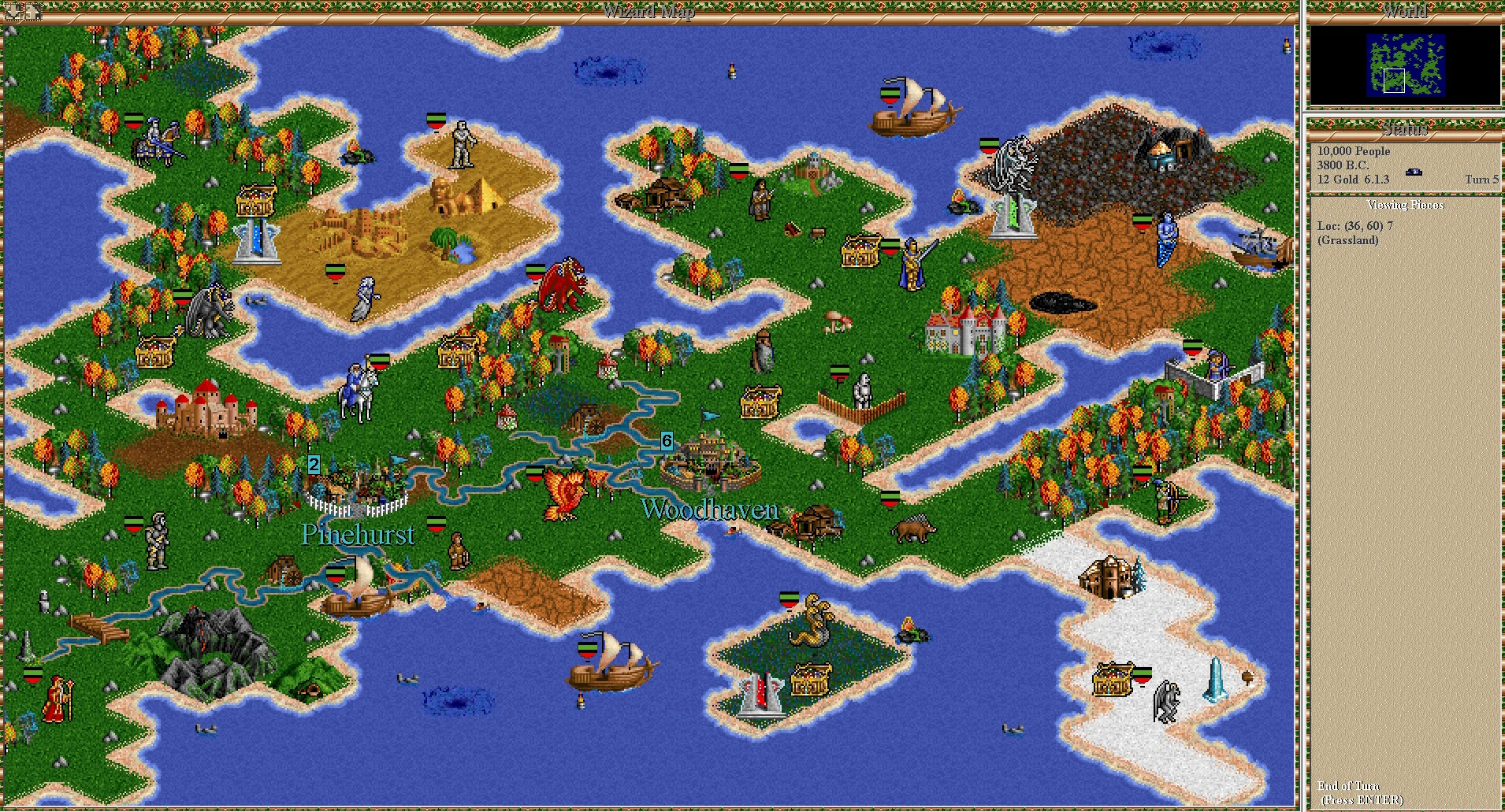 Скріншот моду Civilization 2 з фантазійною картою, замками, кораблями та міфічними істотами