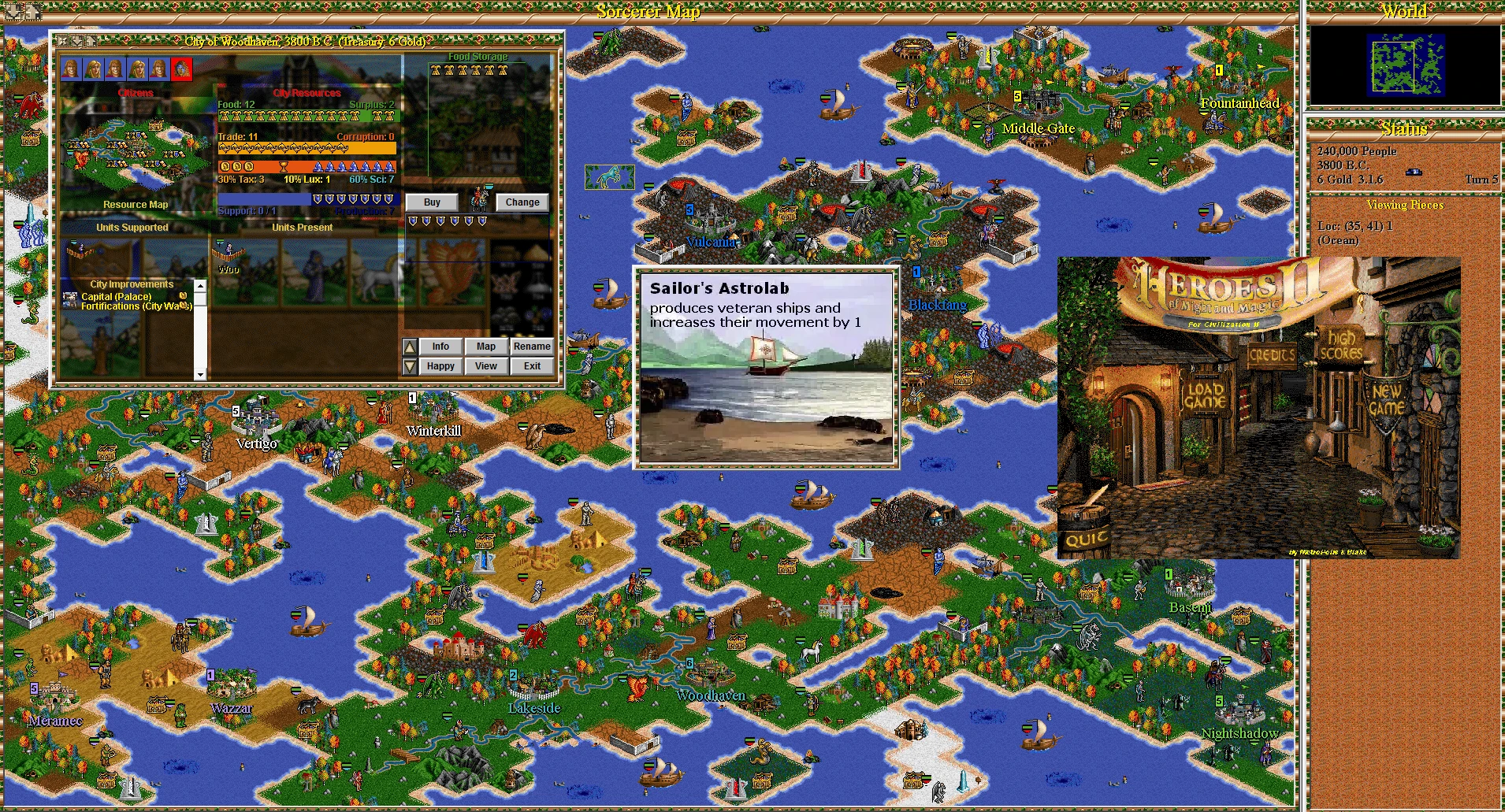 Скріншот геймплею з керуванням містом, кораблями та оглядом карти в моді Heroes of Might and Magic 2 для Civilization II