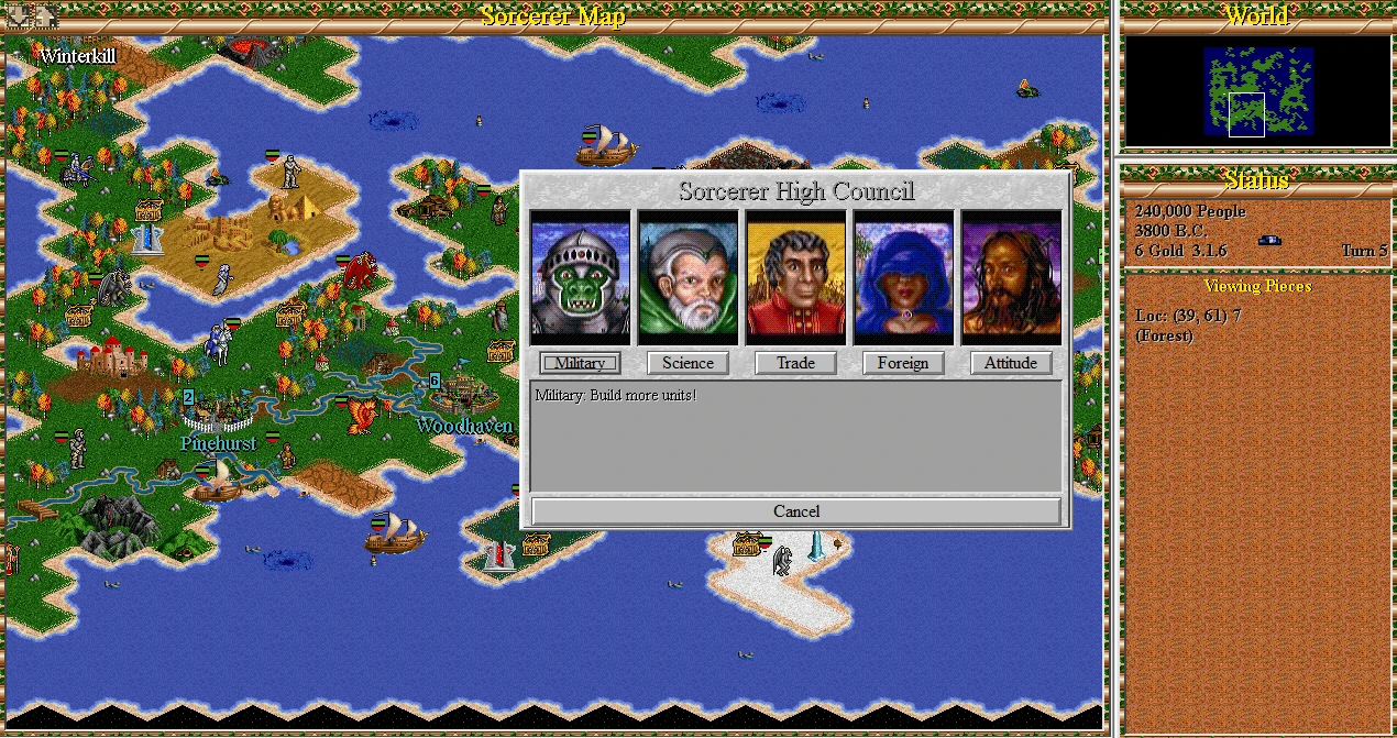 Екран гри з карти, різними юнітами та військовими порадами Верховної Ради Чаклунів