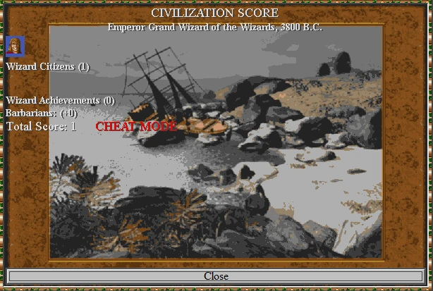 Екран результатів модифікації Civilization II Heroes of Might and Magic 2 з активованим чит-модом та деталями гри