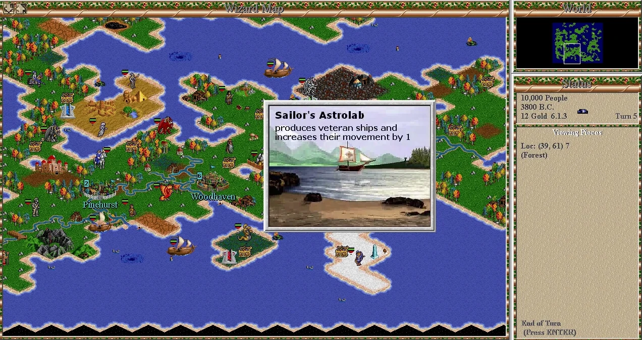 Скріншот геймплея з прибережною картою, юнітами та підказкою Суднового Астролябa, що збільшує рух кораблів у моді Civ 2