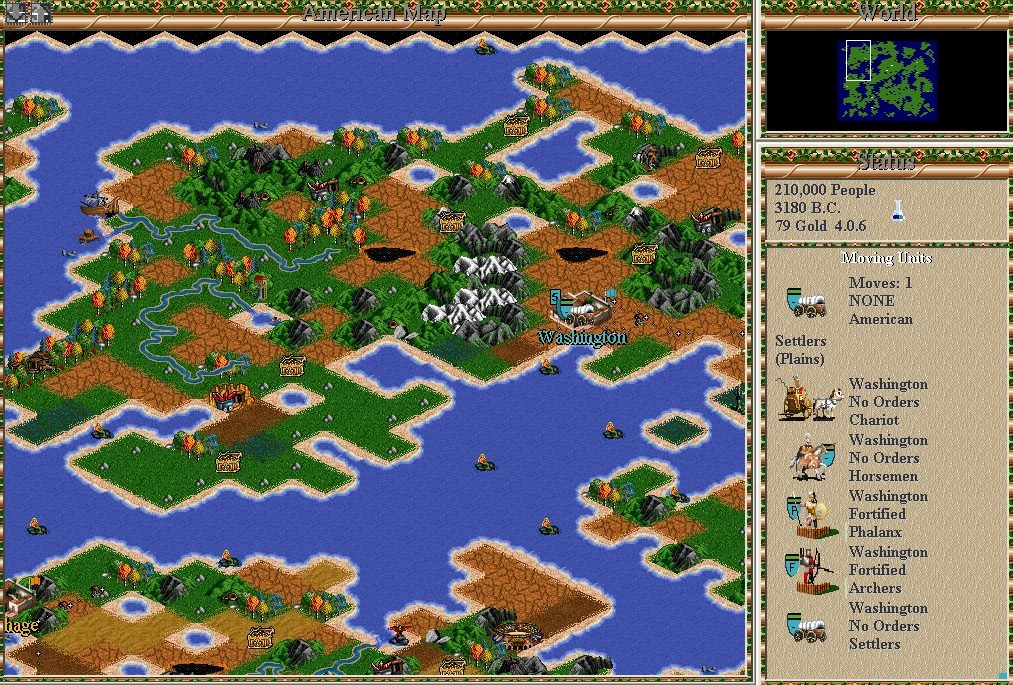 Скріншот геймплея з картою та юнітами в моді Heroes of Might and Magic 2 для Civilization II