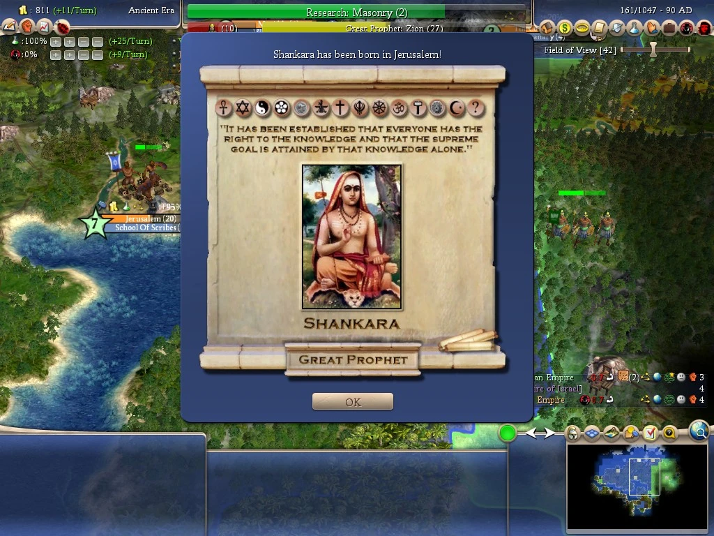Screenshot showing Shankara born as Great Prophet in Jerusalem during Civilization IV mod play