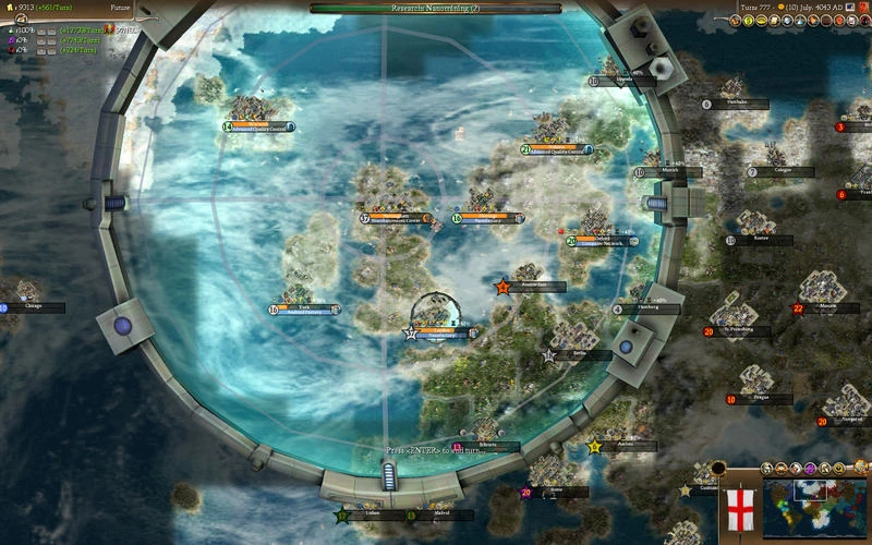 Screenshot showing detailed island and city layout within a dome structure in Civilization IV Caveman2Cosmos mod