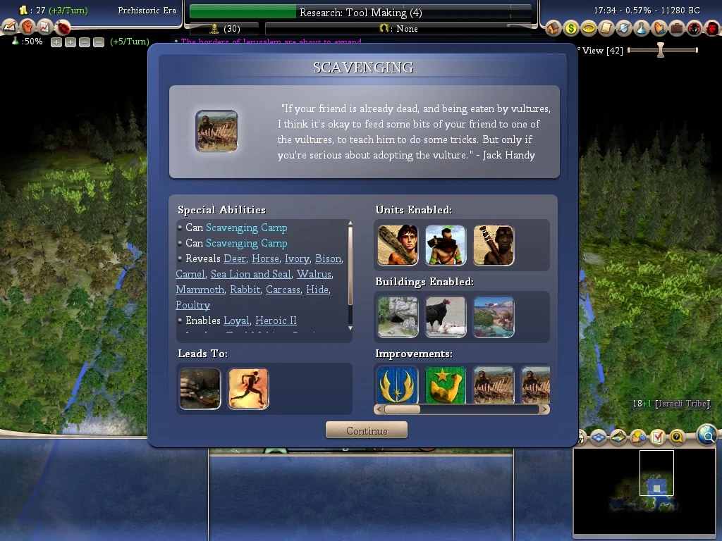 Gameplay screen from Civilization IV Caveman2Cosmos mod showing Scavenging tech with units, buildings, and improvements.
