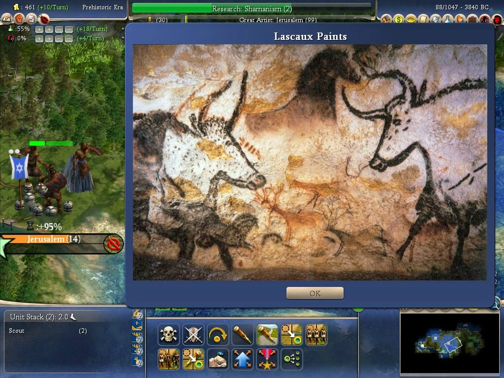 Screenshot of Civilization IV Caveman2Cosmos mod showing Lascaux cave paintings with prehistoric animals and game interface