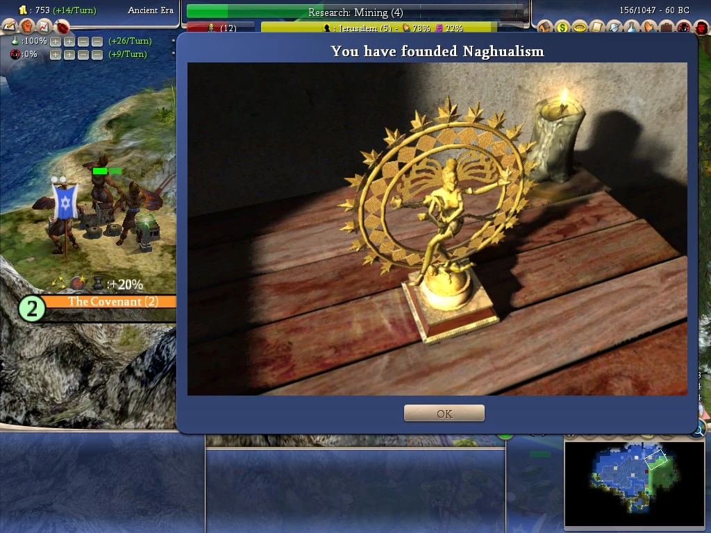 Screenshot showing the founding of the Naghuialism belief with a golden statue and candle in Civilization IV Caveman2Cosmos mod