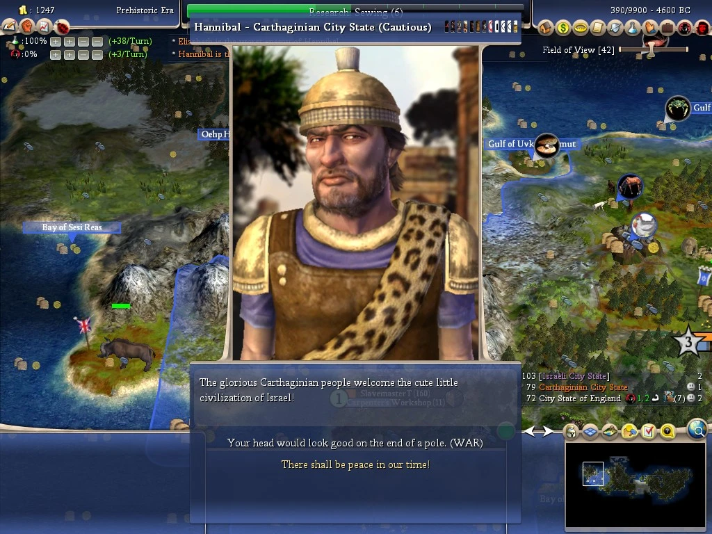 Game screen showing Hannibal of Carthaginian City State in prehistory era diplomacy dialogue in Civilization IV Caveman2Cosmos mod