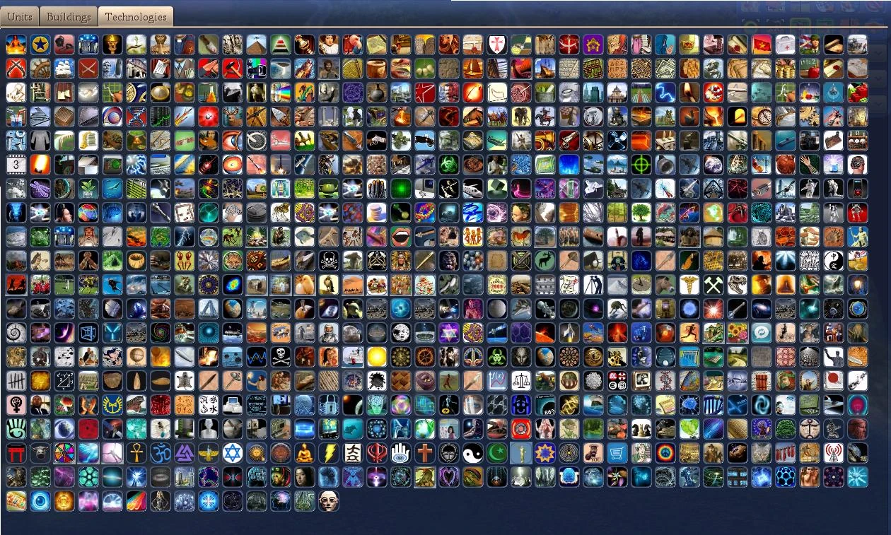 Screenshot showing a detailed and extensive technology tree interface with numerous icons in Civ IV Caveman2Cosmos mod