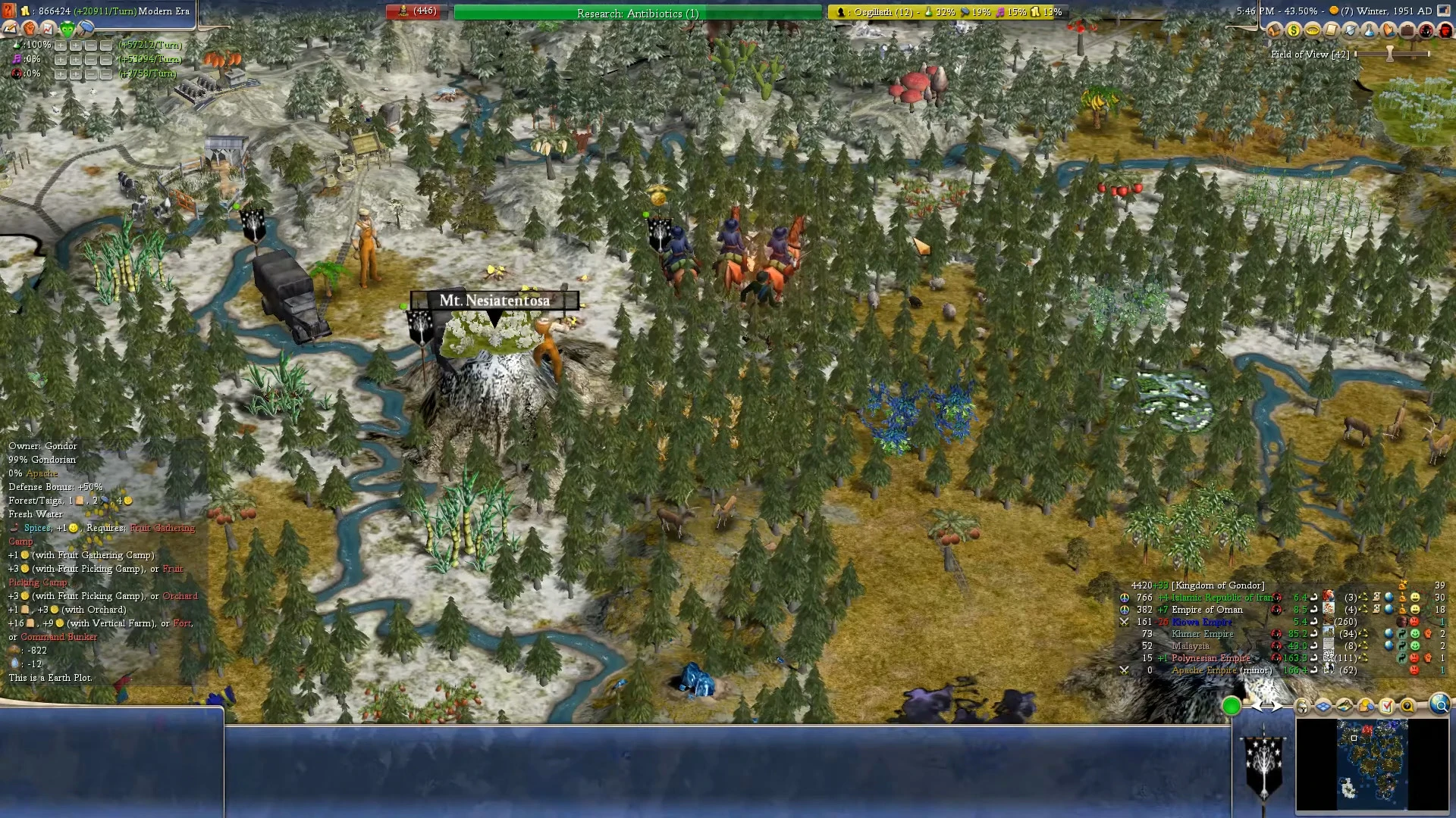 Screenshot of Civilization IV Caveman2Cosmos mod with forested map and units near Mt. Nesiatentosa in Modern Era