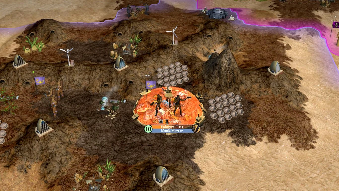 Overhead view of a desert terrain with a city labeled Palmyral Pass defended by armed Maula Mortar units in Civilization IV mod