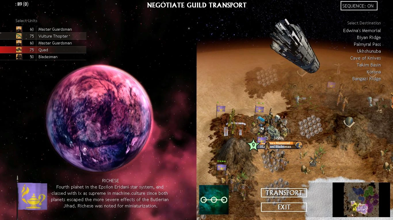 Game screen showing planet Richese and unit transport negotiation interface in Dune Wars Revival mod of Civilization IV
