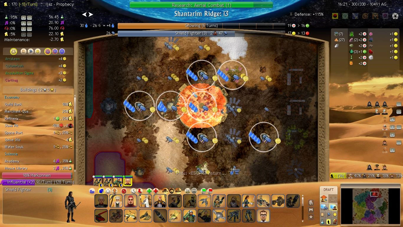 Civilization IV Dune Wars Revival mod screenshot showing resource allocation, city production, and unit commands