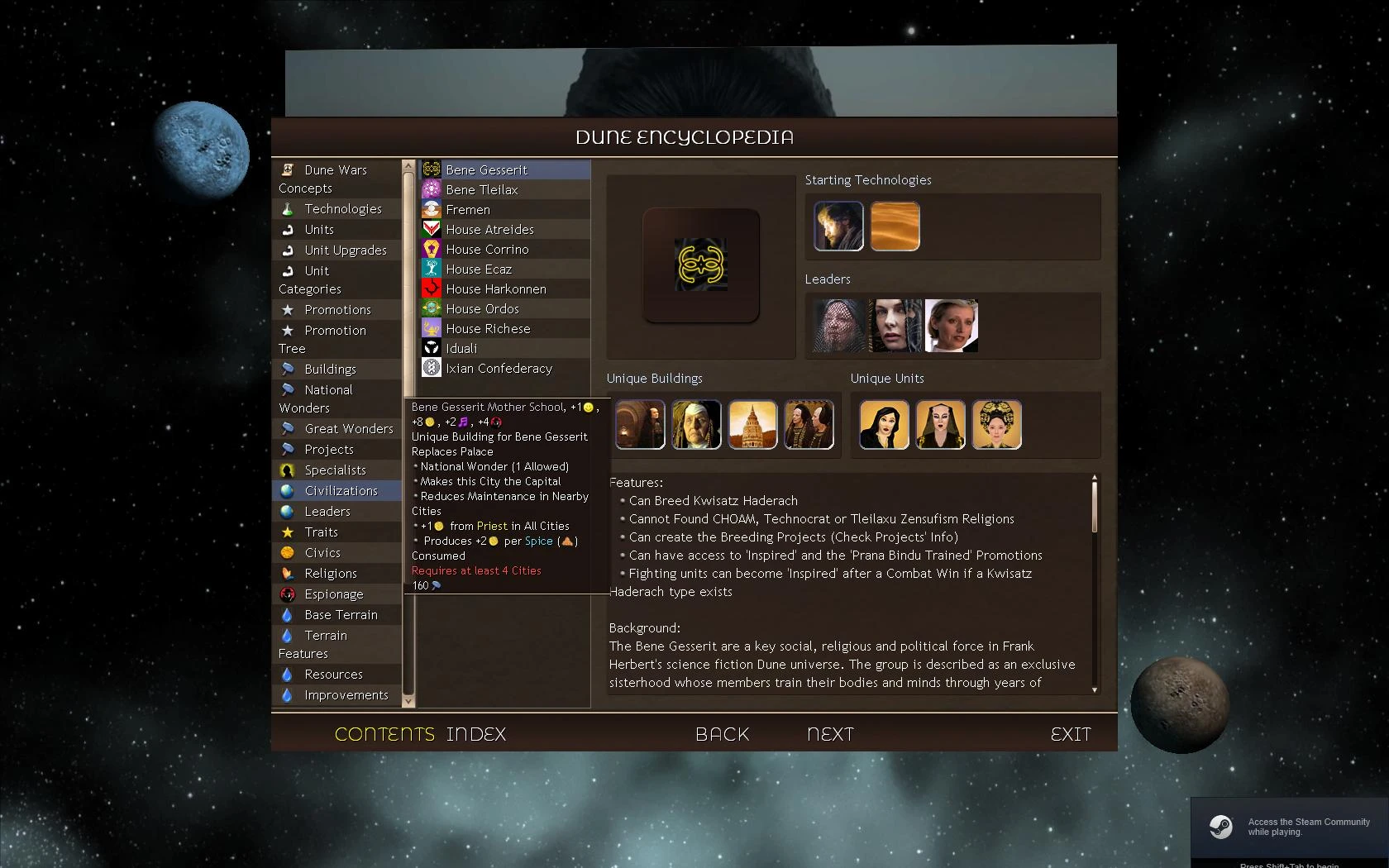 Dune Encyclopedia screen showing Bene Gesserit civilization details with unique buildings, units, leaders, and features