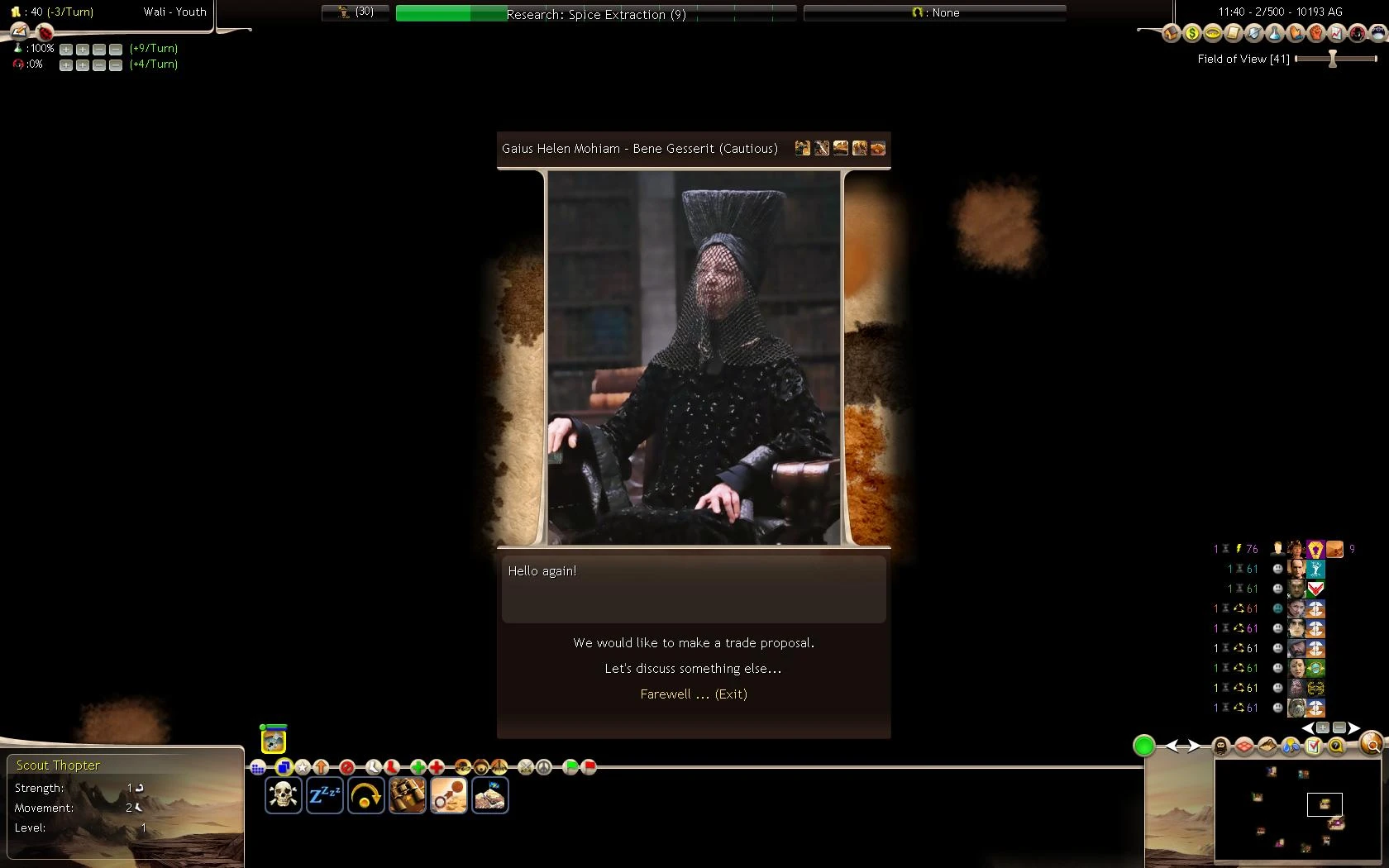 Screen showing in-game dialogue with Gaius Helen Mohiam from Bene Gesserit faction in Civilization IV Dune Wars Revival mod