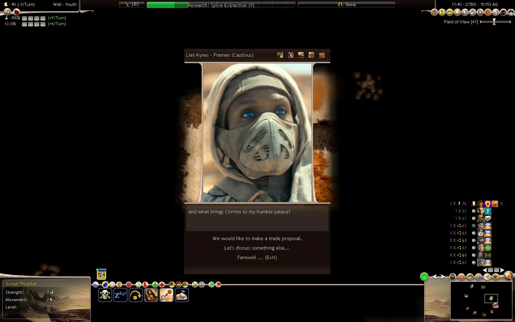 In-game dialogue screen showing a cautious Liet-Kynes Fremen leader wearing a desert mask in Sid Meier's Civilization IV Dune Wars Revival mod