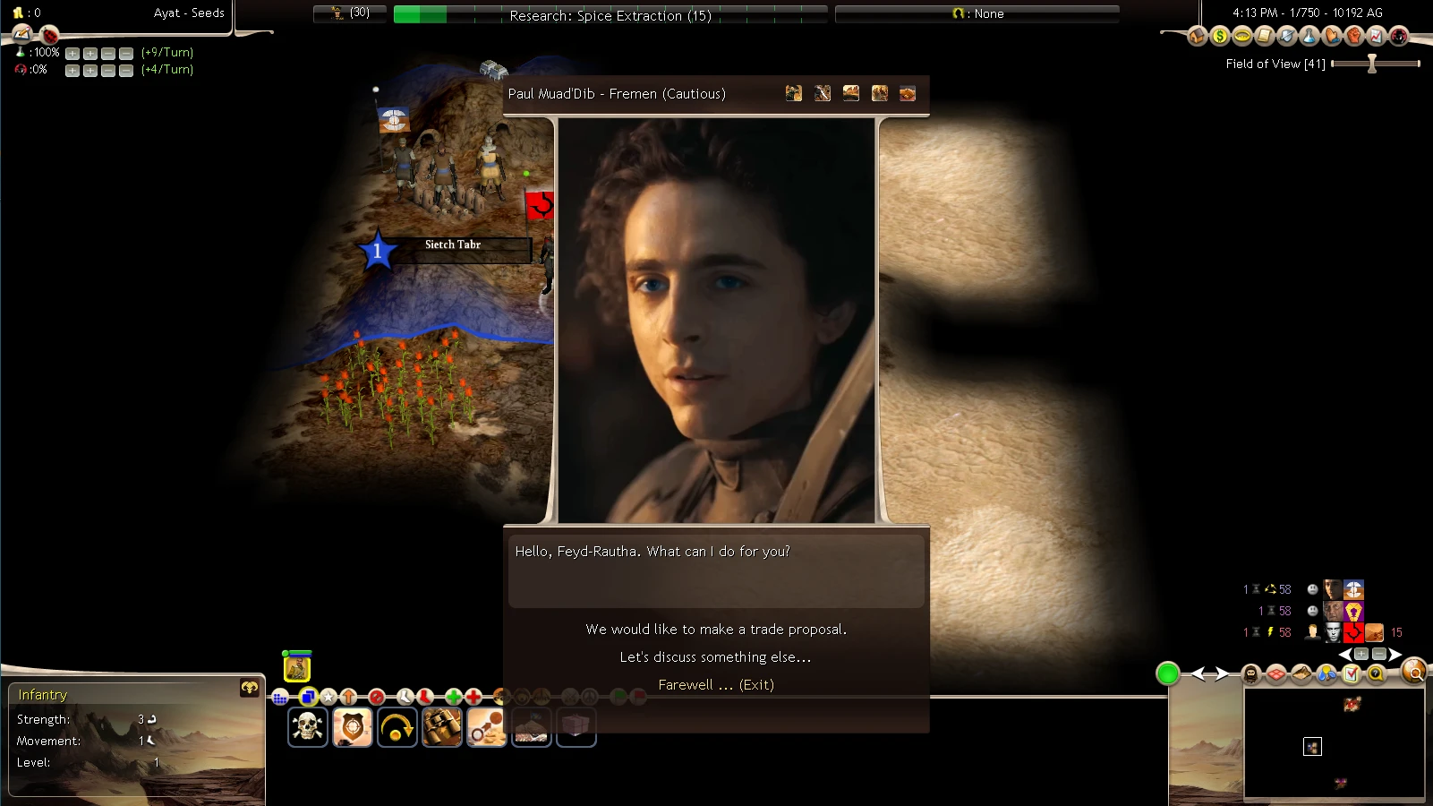 Dialogue screen showing Paul Muad'Dib from the Fremen faction in Sid Meier's Civilization IV Dune Wars Revival mod