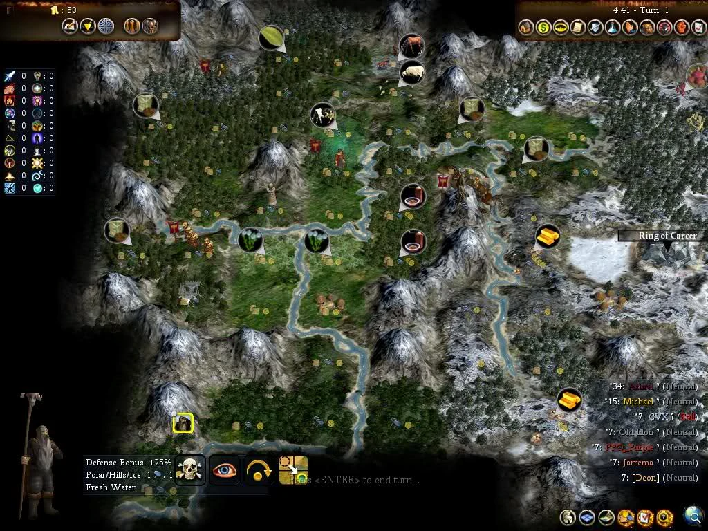 Screenshot showing snowy mountains, rivers, forests, and resource icons in Civilization IV Fall from Heaven II mod