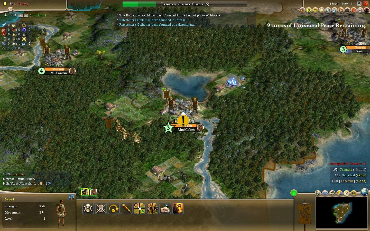 A Civilization IV Fall from Heaven II game screenshot showing a city named Mutanbo and a Scout unit in a forested region