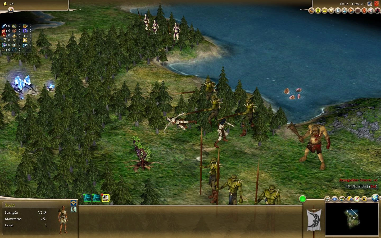 In-game screenshot showing fantasy units including goblins and a large ogre in a forested area near a coast in Fall from Heaven II mod