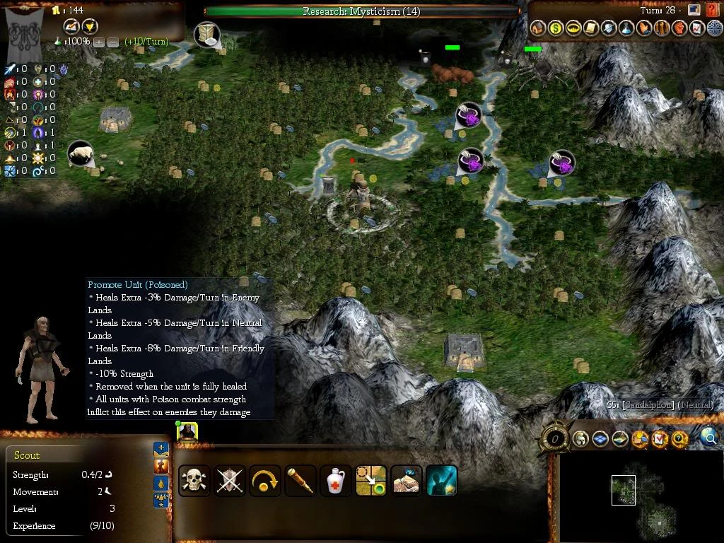 In-game view showing a scout unit with poison promotion exploring forested terrain near mountains in Fall from Heaven II mod