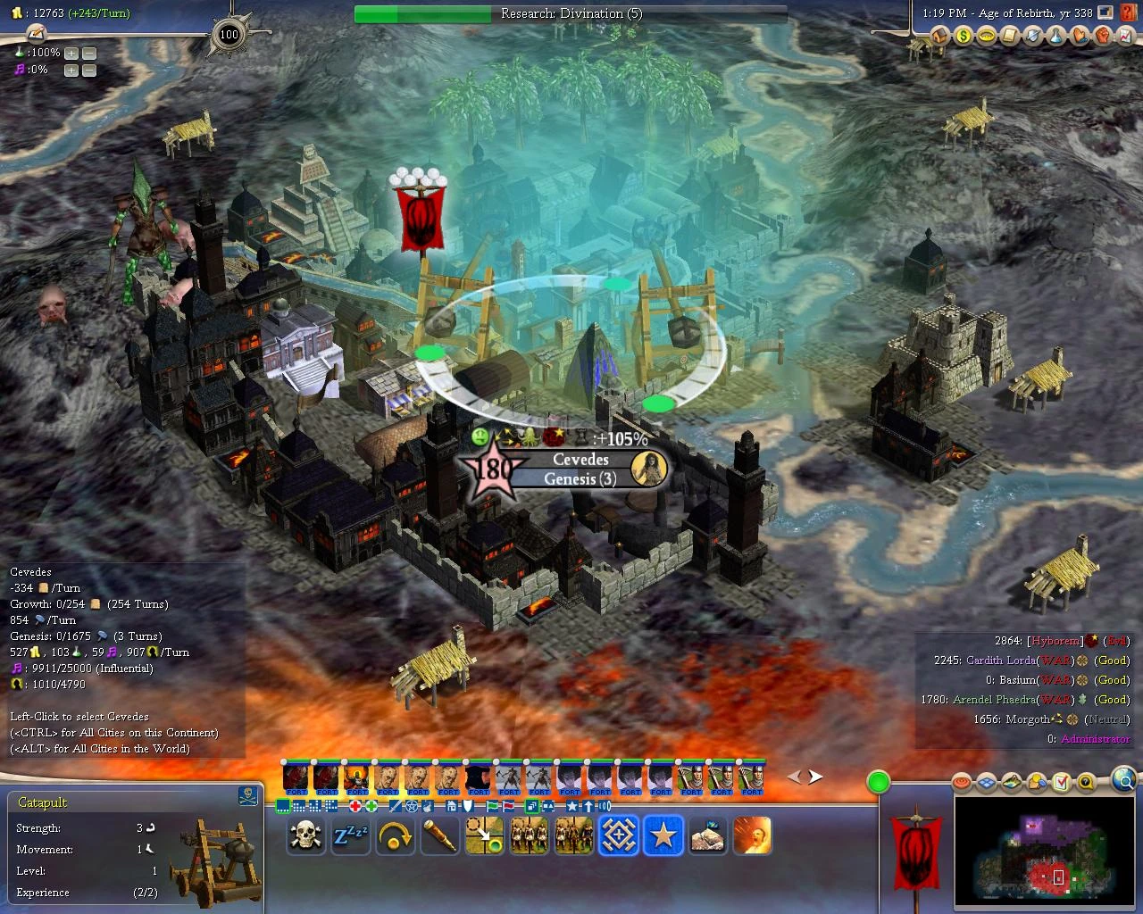 Screenshot of a fortified city Cevedes with catapults and troops in a volcanic terrain in Fall from Heaven II