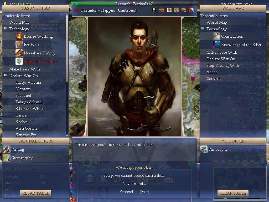 In-game diplomacy interface showing trade options and negotiations with Tasunke in Fall from Heaven II mod