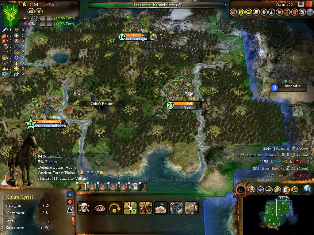 Gameplay screenshot showing cities, units, and terrain details in Fall from Heaven II mod of Civilization IV