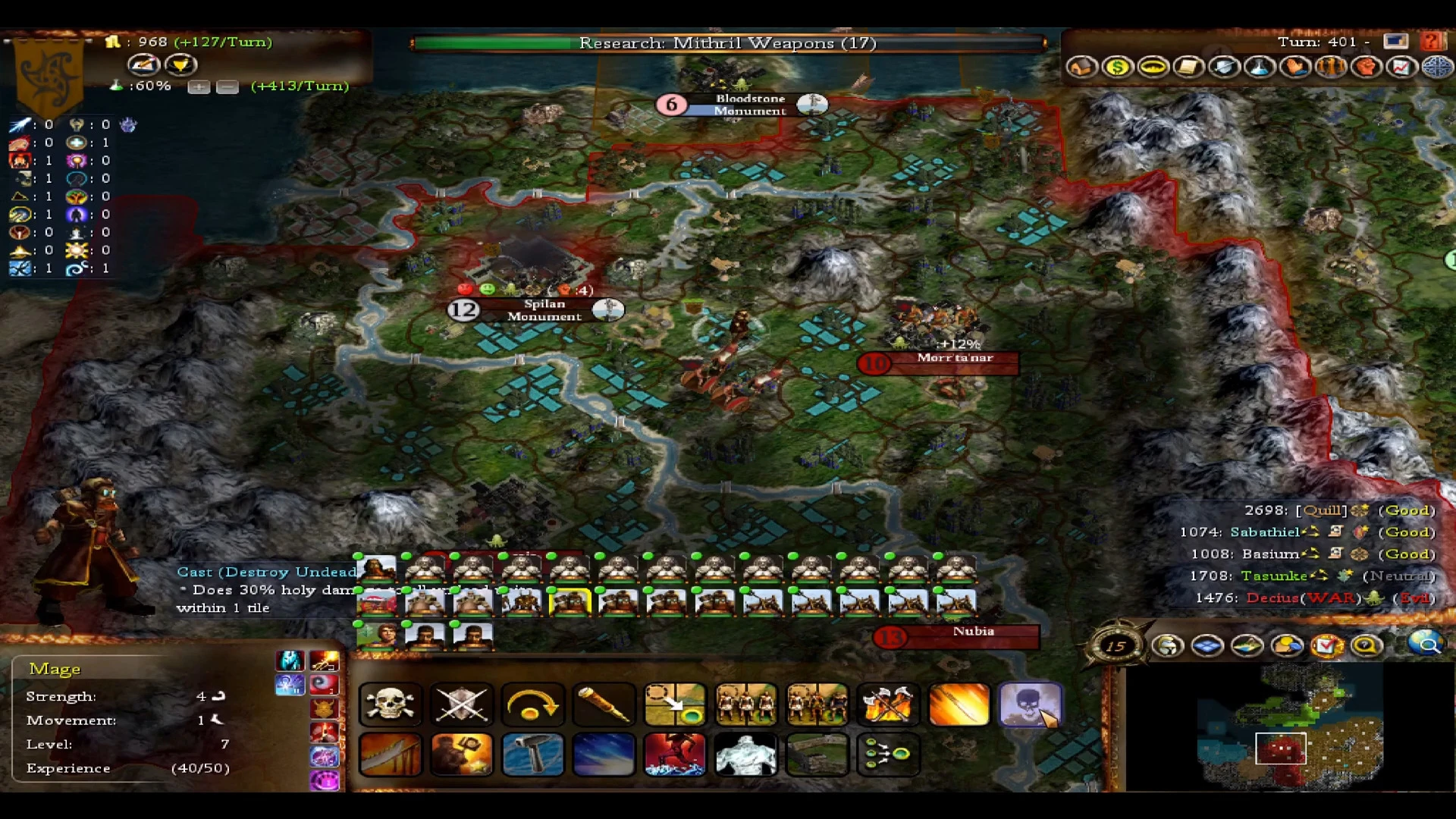 Gameplay screenshot from Fall from Heaven II mod showing a magical battle with armies, units and city names on a detailed map