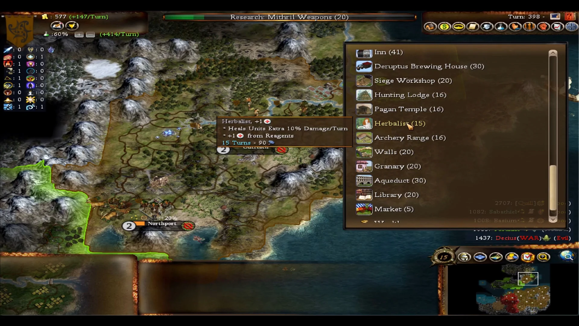 Fall from Heaven II mod city construction interface showing buildings list and tooltip details in Civilization IV 2005