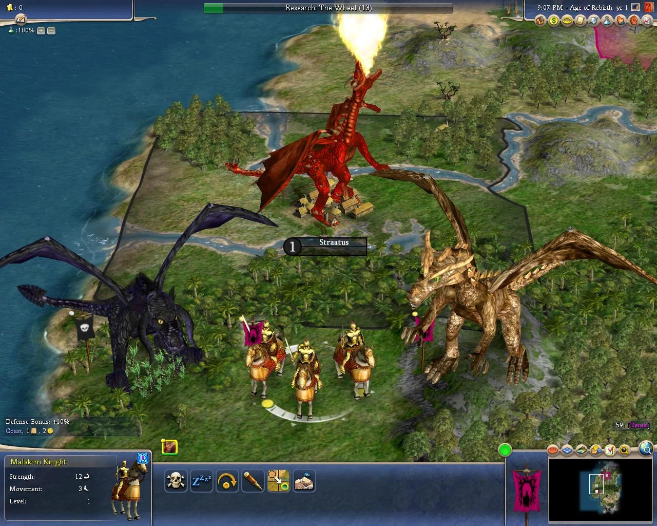 Three dragons and three armored Malakim Knight units near a coastal city Straatus in Civilization IV Fall from Heaven II mod