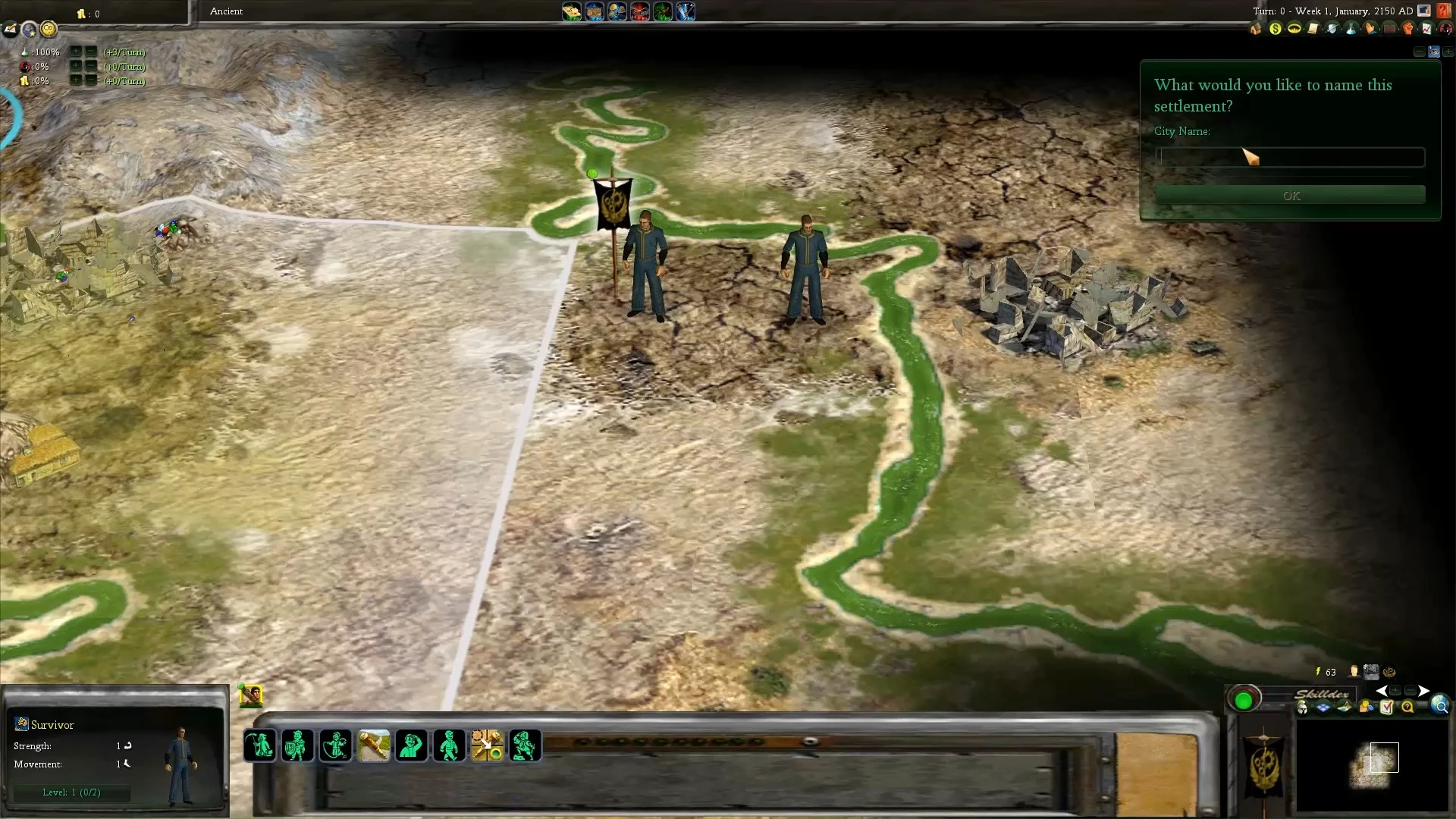 Screenshot of Civilization IV with Fallout mod showing two survivors beside a river and prompt to name settlement