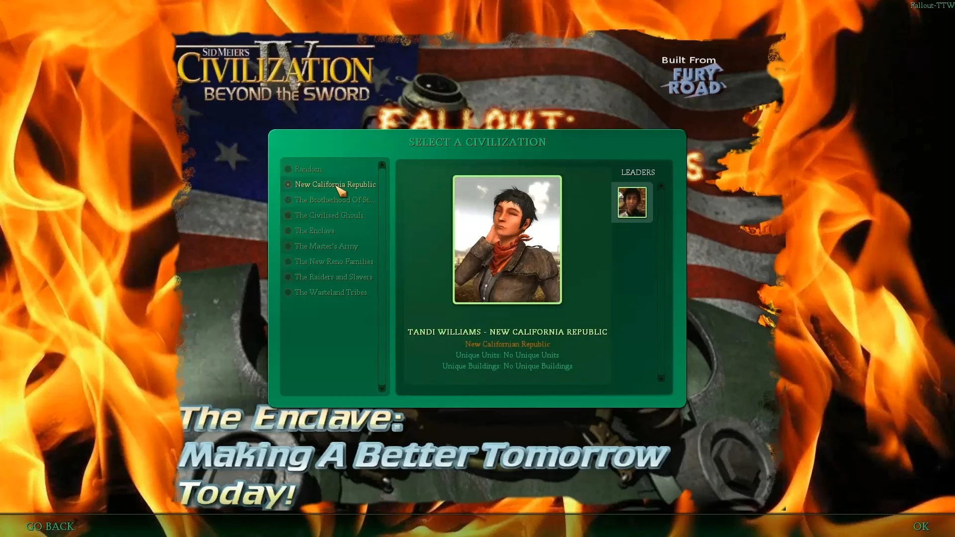 Civilization IV mod Fallout Tame The Wastes showing New California Republic leader Tandi Williams selection screen