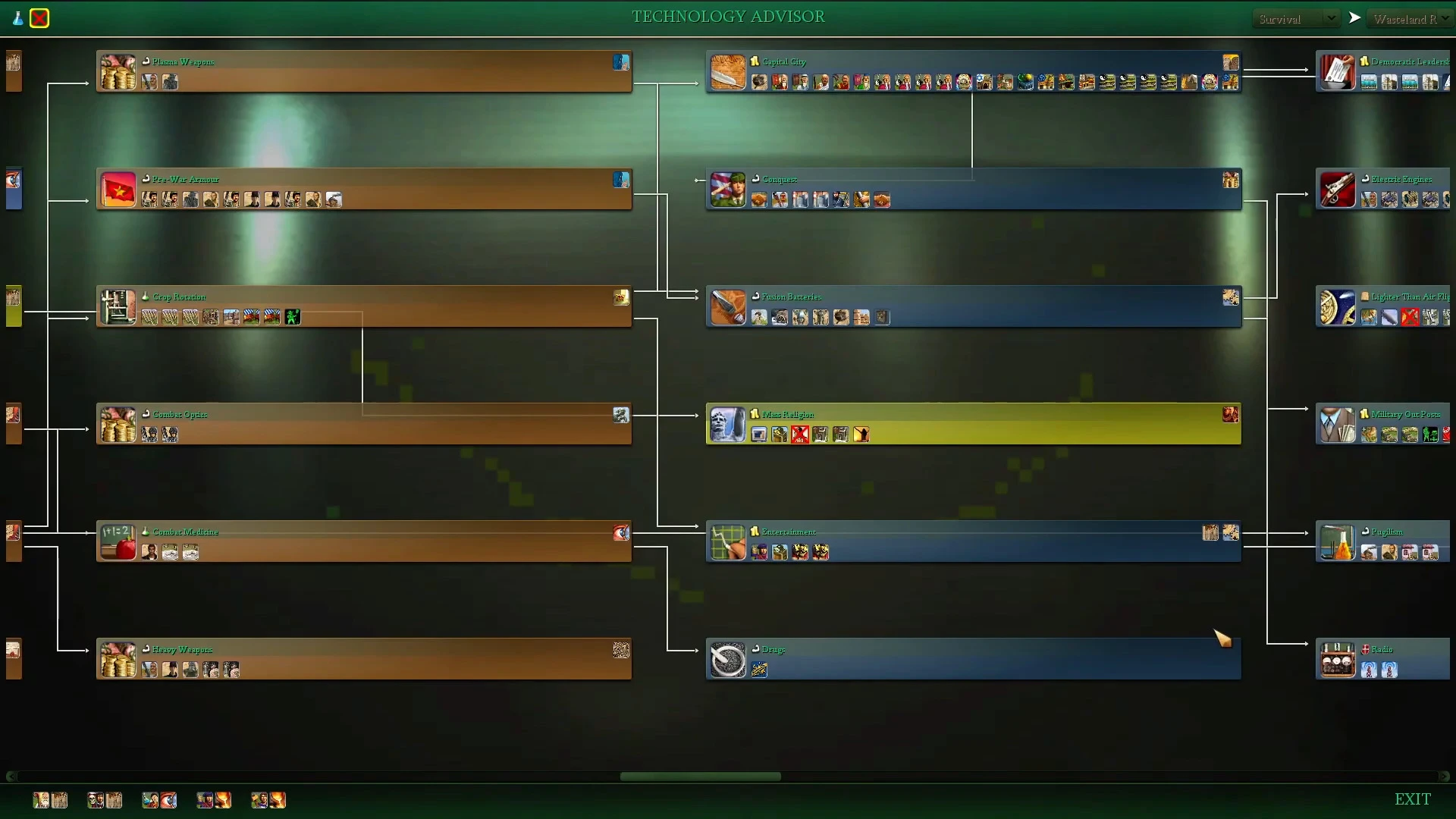 Technology advisor screen showing connected advancements like Plasma Weapons and Pre-War Armour in Fallout Tame The Wastes mod for Civ IV