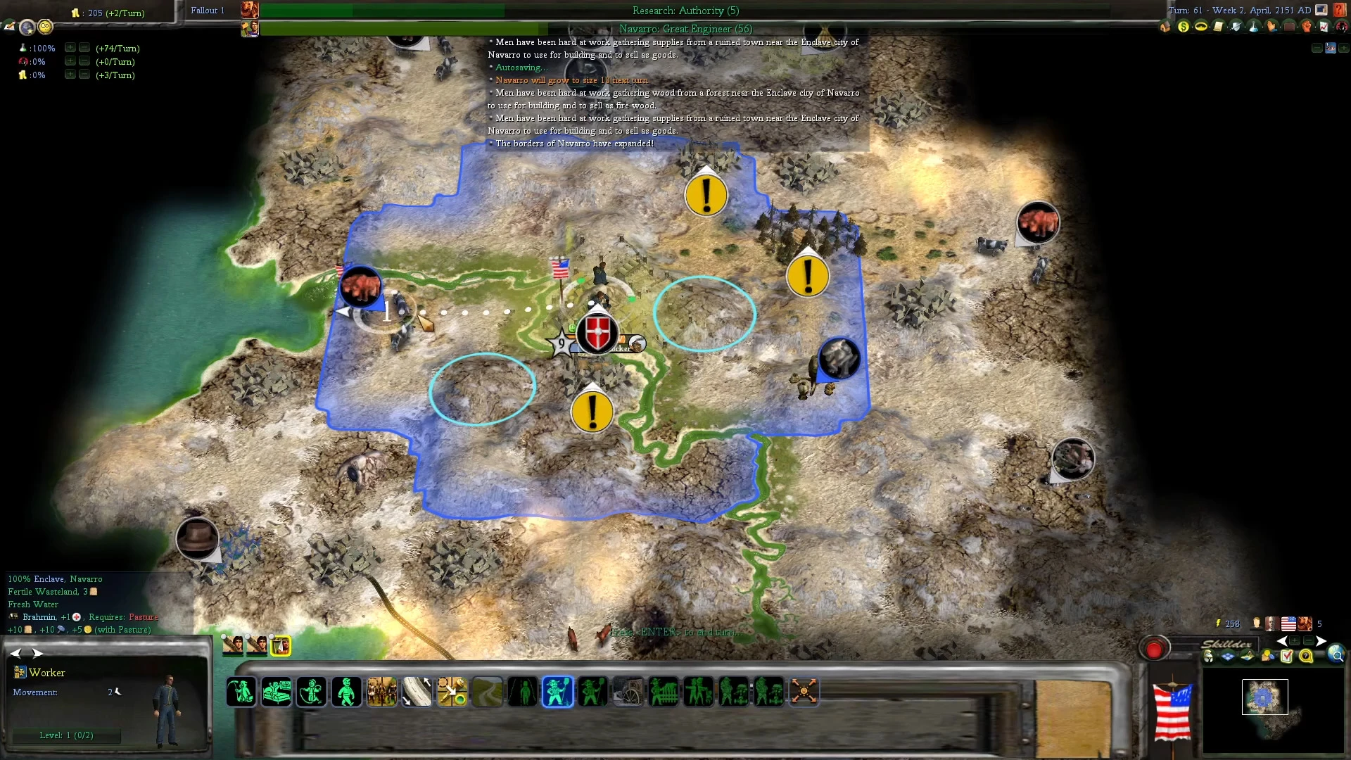 Gameplay screenshot of Fallout mod in Civilization IV showing city borders, resources, and worker unit on wasteland terrain
