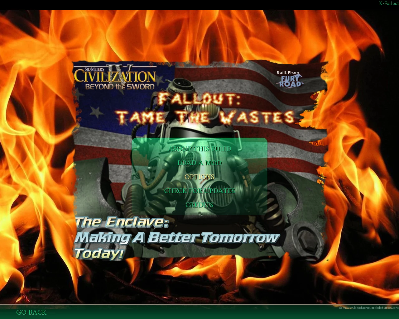 Main menu screen of Fallout Tame The Wastes mod for Civilization IV Beyond the Sword showing robot and flaming background
