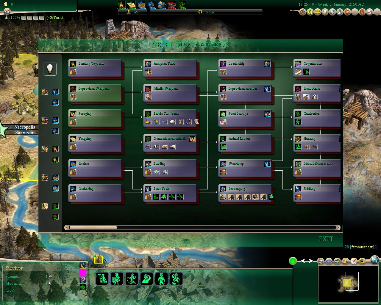 Screenshot of the technology advisor screen showing a detailed tech tree with various advancements in Civilization IV mod Fallout Tame The Wastes