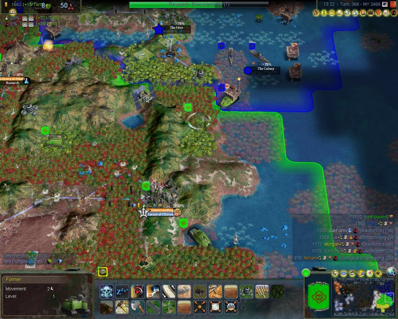 Captura de pantalla del mod Planetfall de Civilization IV con terreno detallado, ciudades, unidades navales y recursos