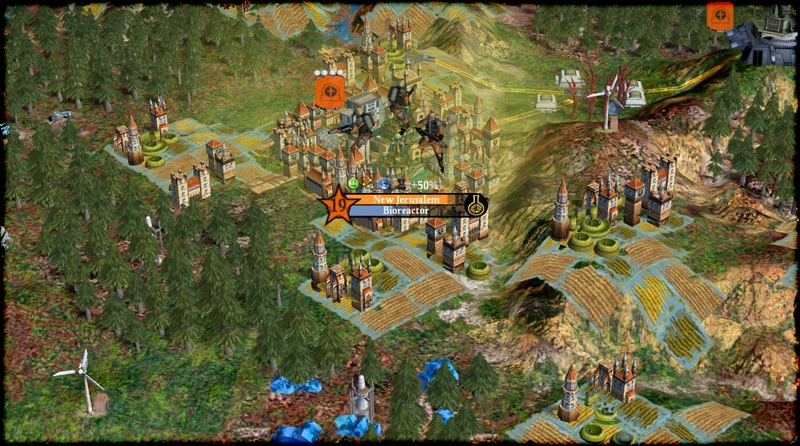 Captura de pantalla de la ciudad Nueva Jerusalén con edificios y Biorreactor rodeada de bosques y colinas en el mod Planetfall de Civilization IV
