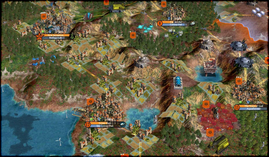 Captura del mod Planetfall de Civilization IV mostrando múltiples colonias futuristas y estructuras en terreno costero y montañoso